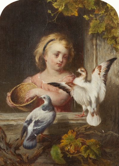Girl Feeding Pigeons by English School